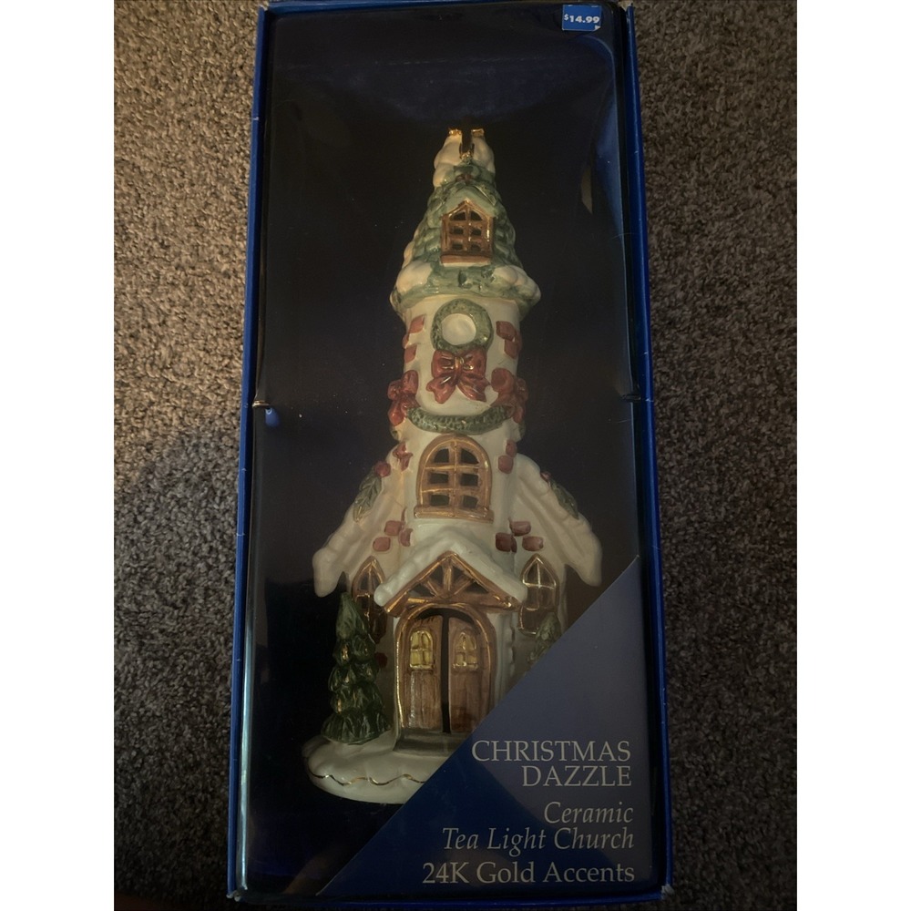 Christmas Dazzle Ceramic Tea Light Church 24K Gold‎ Accents New in Box